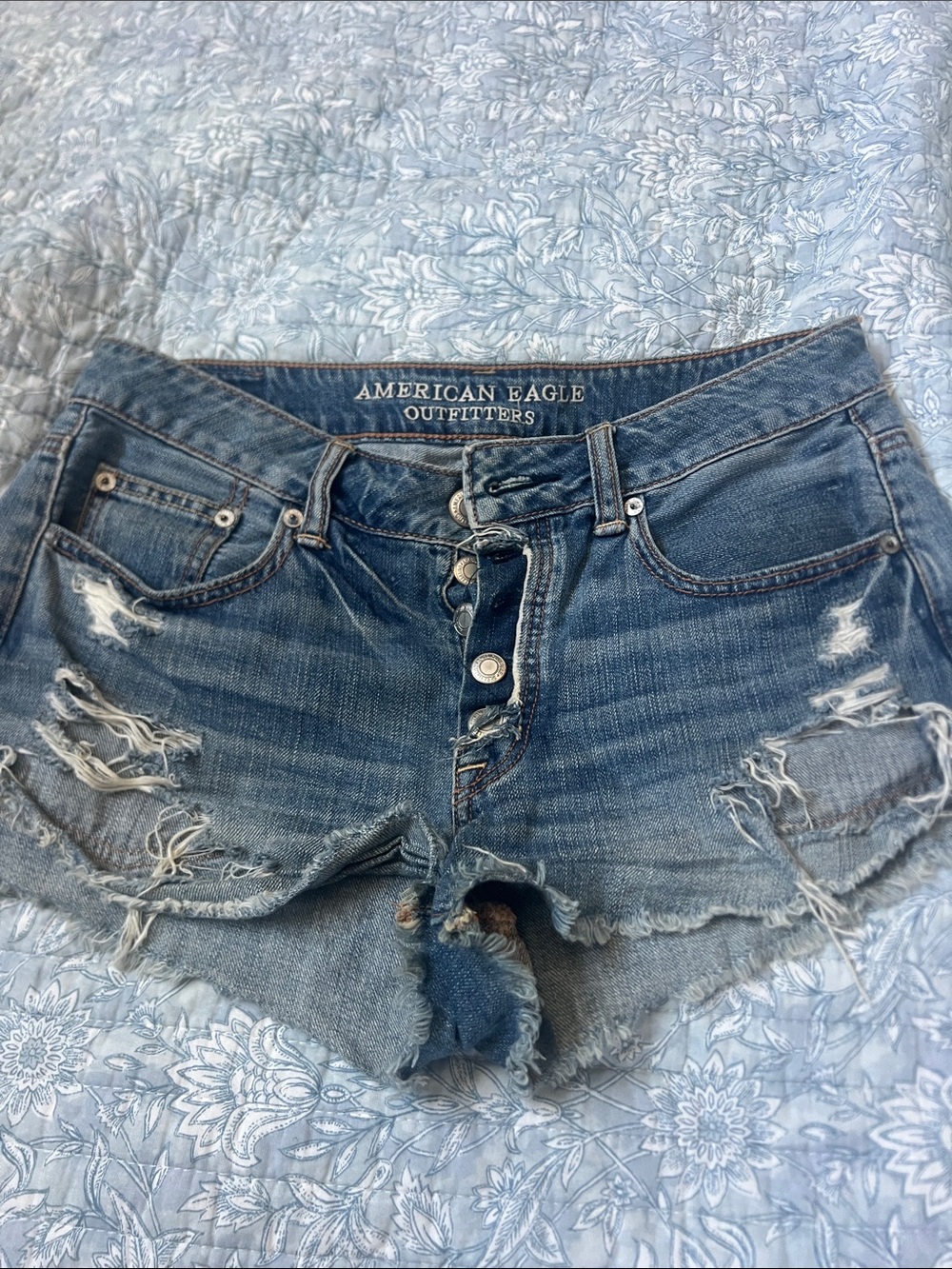 American Eagle Blue Distressed High Rise Festival Button-Fly Denim Shorts 4
